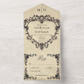 Gothic Black Tan Parchment Filigree Heart Wedding オールインワン招待状 (内側)