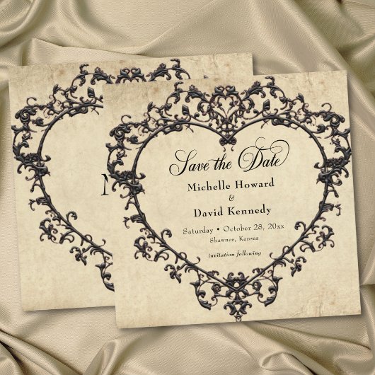 Gothic Black Tan Parchment Filigree Heart Wedding セーブザデート