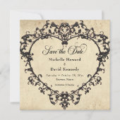 Gothic Black Tan Parchment Filigree Heart Wedding セーブザデート (正面)
