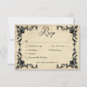 Gothic Black Tan Parchment Filigree Heart Wedding 出欠カード (正面)