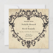 Gothic Black Tan Parchment Filigree Heart Wedding 招待状 (正面)