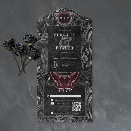 Gothic Black Wine Filigree Moth QR Code Wedding オールインワン招待状