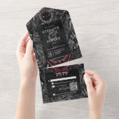 Gothic Black Wine Filigree Moth QR Code Wedding オールインワン招待状 (貼ってはがせる)