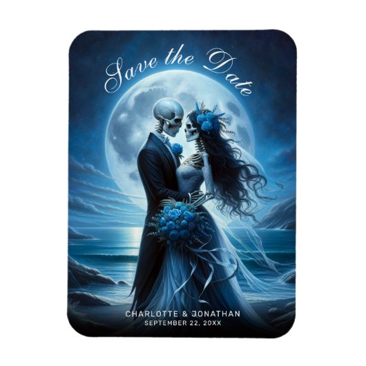 Gothic Blue Skeleton Couple Wedding Save the Date マグネット (縦)
