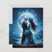 Gothic Blue Skeleton Couple Wedding Save the Date 案内ポストカード (正面/裏面)