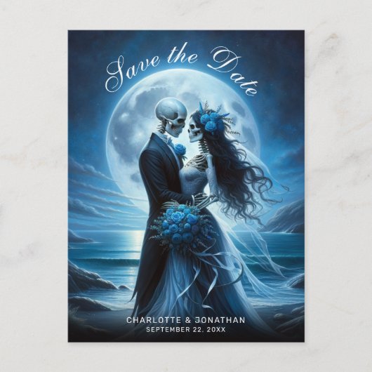 Gothic Blue Skeleton Couple Wedding Save the Date 案内ポストカード (正面)