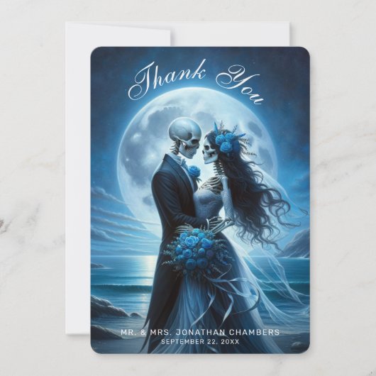 Gothic Blue Skeleton Couple Wedding Thank You サンキューカード (正面)