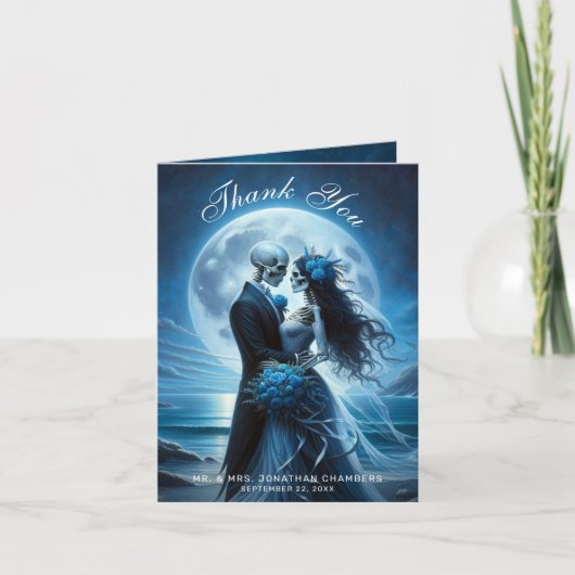 Gothic Blue Skeleton Couple  Wedding Thank You サンキューカード (正面)