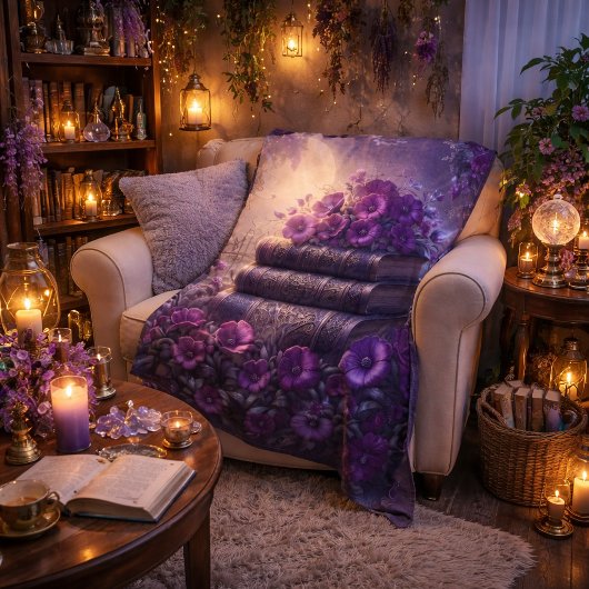Gothic Book Purple Floral フリースブランケット