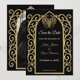 Gothic border black and gold wedding save the date 案内状