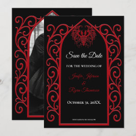 Gothic border black and red wedding save the date 案内状