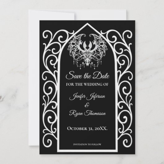 Gothic border black and white wedding save the dat 案内状 (正面)