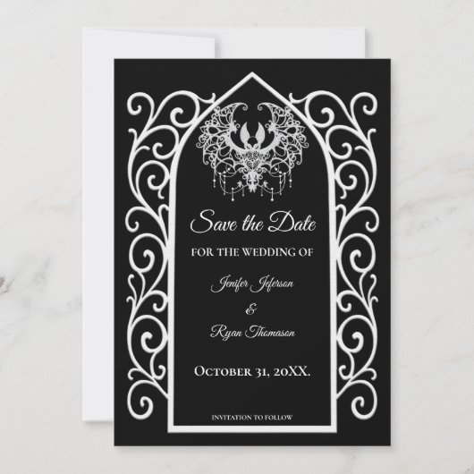 Gothic border black and white wedding save the dat 案内状 (正面)