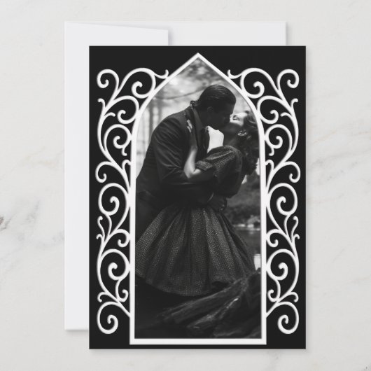 Gothic border black and white wedding save the dat 案内状 (裏面)