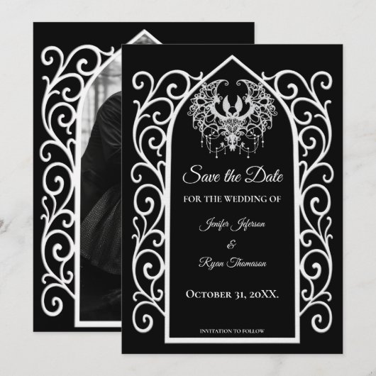 Gothic border black and white wedding save the dat 案内状 (正面/裏面)