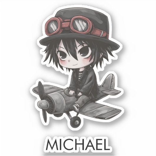 Gothic Boy Pilot flies Airplane Personalized Anime シール (正面)