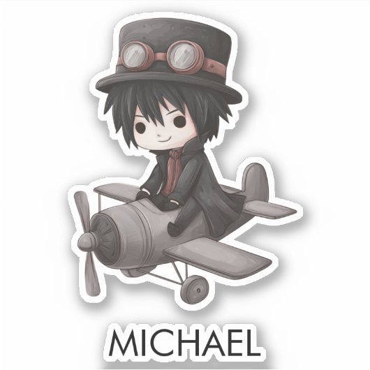 Gothic Boy Pilot flies Airplane Personalized Anime シール (正面)