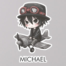 Gothic Boy Pilot flies Airplane Personalized Anime シール