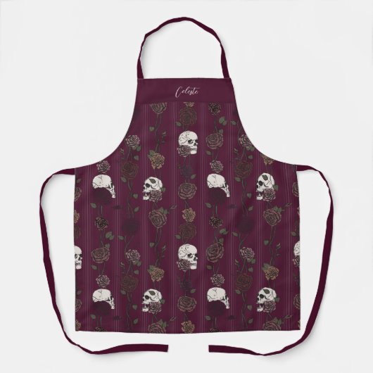 Gothic Burgundy Floral Skulls エプロン (正面)