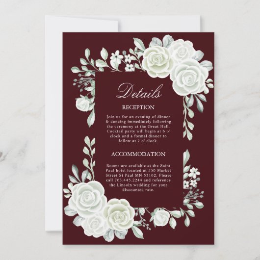 Gothic Burgundy White Roses Wedding Enclosure Card 招待状 (正面)