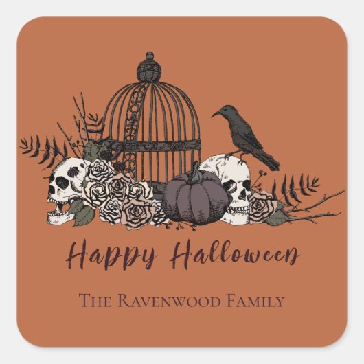 Gothic Burnt Orange Skulls and Roses Halloween スクエアシール (正面)