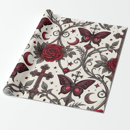 Gothic Butterfly Floral Pattern (1) ラッピングペーパー (アンロールド)