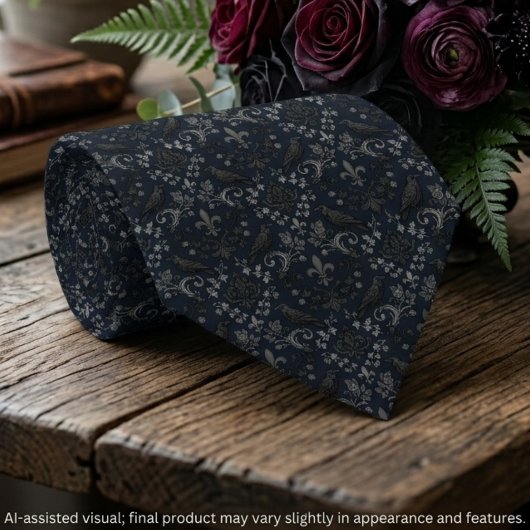 Gothic Charcoal Black Damask Raven Design ネクタイ