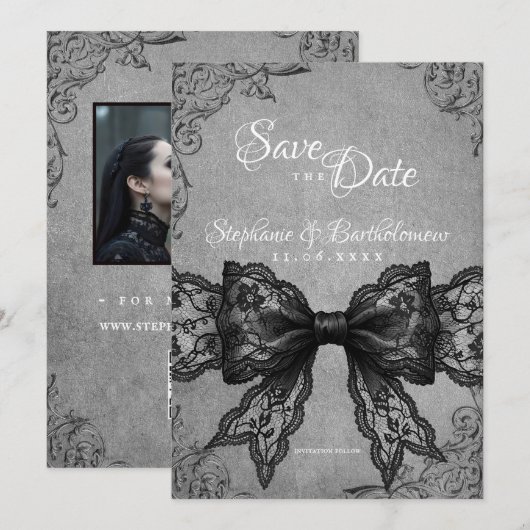 Gothic Coquette Black Lace Bow Photo Save The Date セーブザデート (正面/裏面)