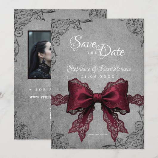 Gothic Coquette Burgundy Bow Photo Save The Date セーブザデート (正面/裏面)