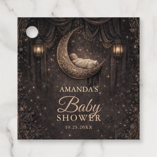 Gothic Crescent Moon Stars Baby Shower フェイバータグ (正面)
