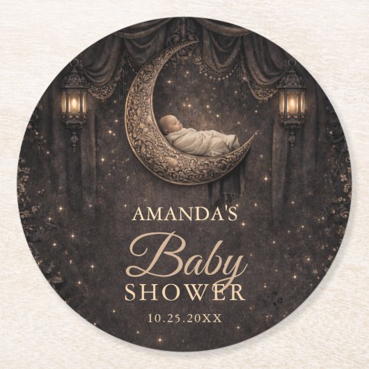 Gothic Crescent Moon Stars Baby Shower ラウンドペーパーコースター (正面)