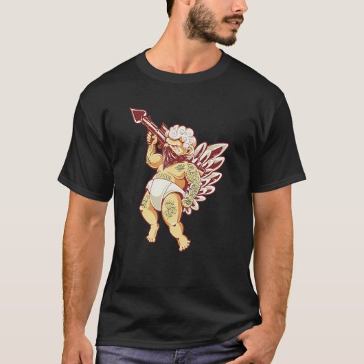 Gothic Cupid With Gun Tattoo Tattooed Cupid Valent Tシャツ (正面)
