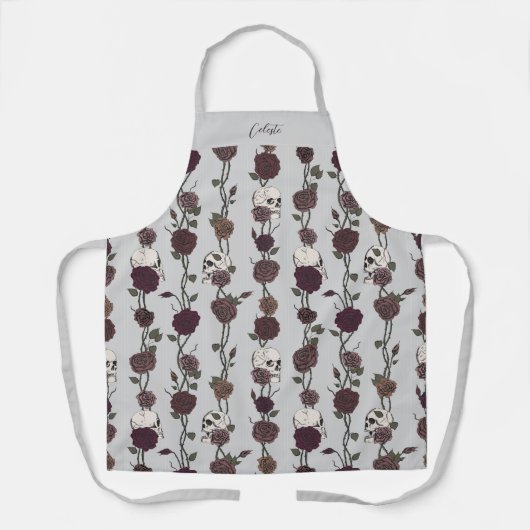 Gothic Dark Floral Skulls Light Gray エプロン (正面)