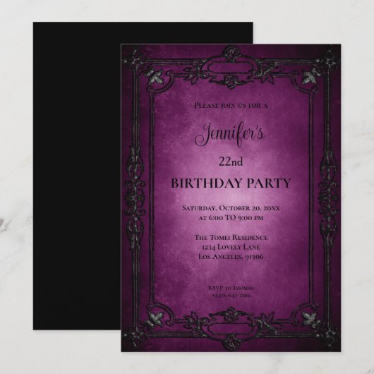 Gothic Dark Purple Birthday Invitation 招待状 (正面/裏面)