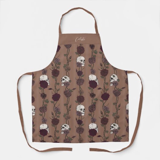 Gothic Dark Tan Brown Floral Skulls エプロン (正面)