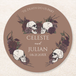 Gothic Dark Tan Brown Floral Til Death Wedding ラウンドペーパーコースター