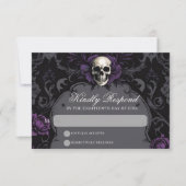 Gothic Elegance Purple Boho Skull Floral Wedding 出欠カード (正面)