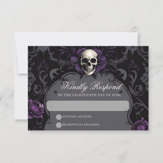 Gothic Elegance Purple Boho Skull Floral Wedding 出欠カード (正面)