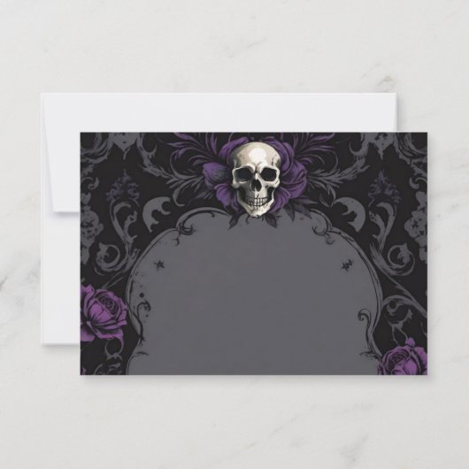 Gothic Elegance Purple Boho Skull Floral Wedding 出欠カード (裏面)