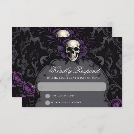 Gothic Elegance Purple Boho Skull Floral Wedding 出欠カード (正面/裏面)