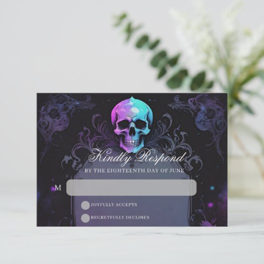 Gothic Elegance Purple Boho Skull Floral Wedding 出欠カード (スタンド正面)