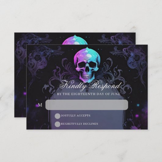 Gothic Elegance Purple Boho Skull Floral Wedding 出欠カード (正面/裏面)