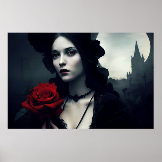  Gothic Elegant Lady Red Rose ポスター