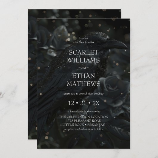 Gothic Elegant Raven & Rose Black Wedding 招待状 (正面/裏面)