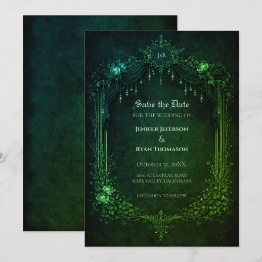 Gothic emerald wedding save the date invitation 案内状 (正面/裏面)