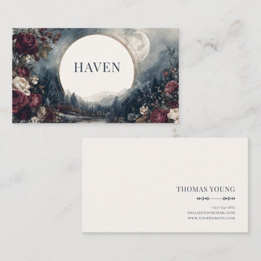 Gothic Fairytale Celestial Moon Burgundy Rose 名刺 (正面/裏面)