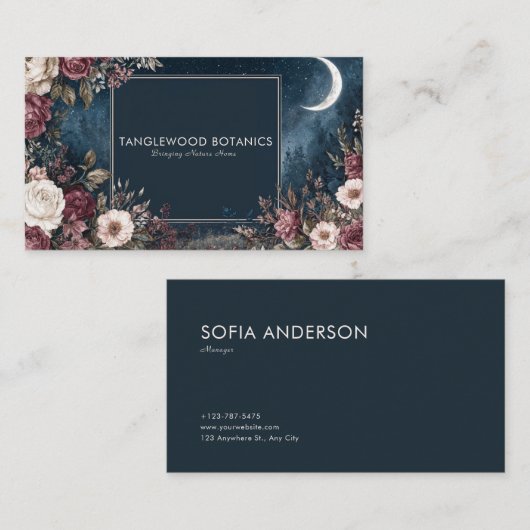 Gothic Fairytale Celestial Moon Burgundy Rose 名刺 (正面/裏面)