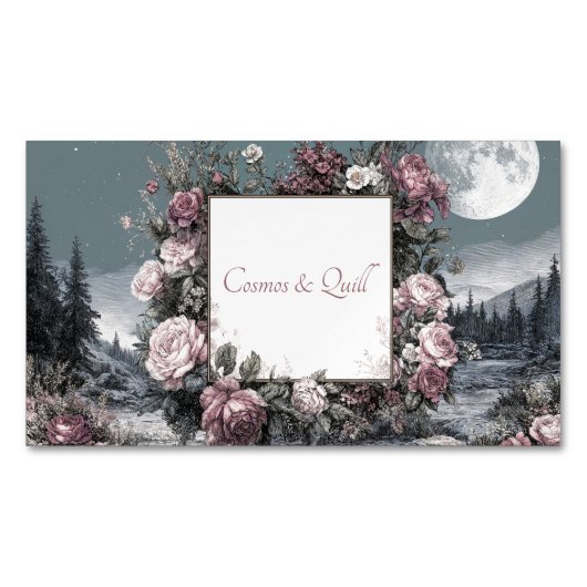 Gothic Fairytale Rose Frame Moonlit Forest Scene マグネット名刺 (正面)