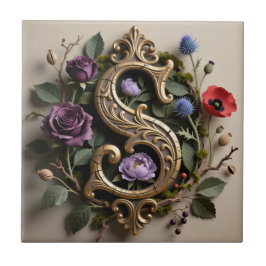 Gothic Floral Antique Gold Letter S タイル