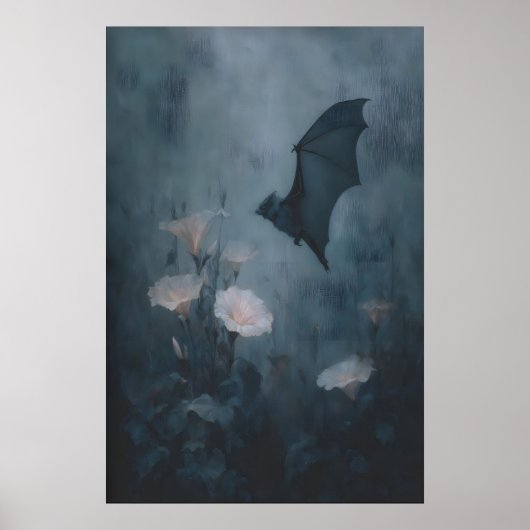 Gothic Floral Bat Wall Art With Pale Pink Flowers ポスター (正面)